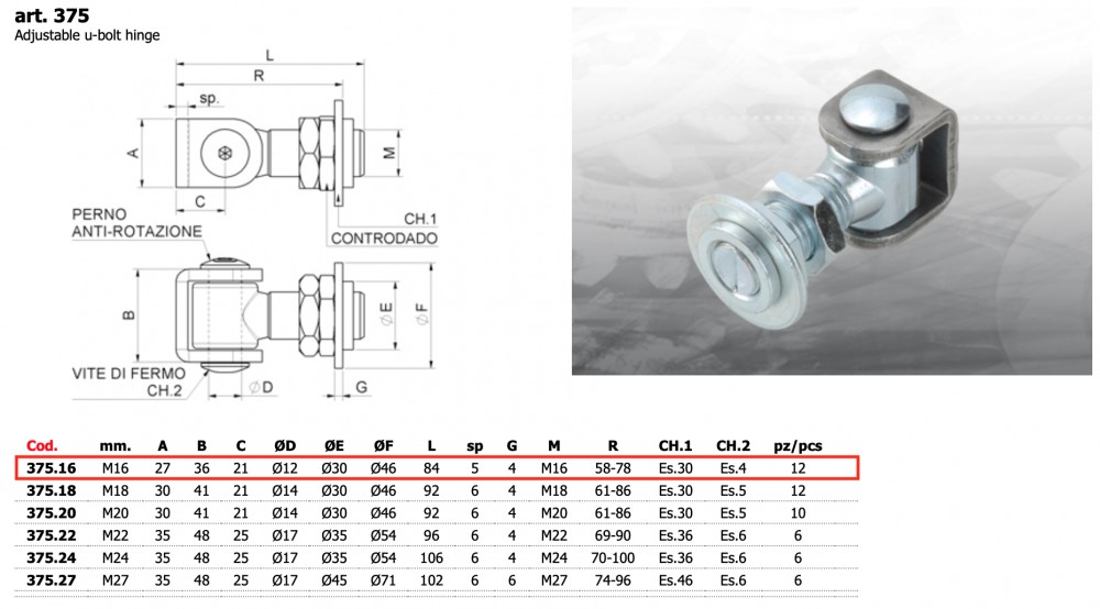 CA Combiarialdo 375.16 Kapu forgáspont alátéttel + állítható anya (M16 27x36 mm)