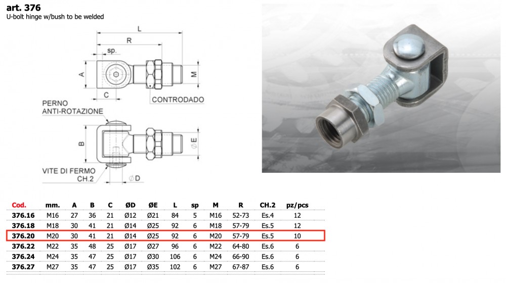 CA Combiarialdo 376.20 Állítható hüvelyes kapu forgáspont (M20 30x41 mm)